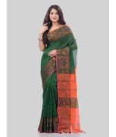 DESH BIDESH Women`s Tant Cotton Silk Handloom Cotton Saree Pushpomala With Blouse Piece(Green Orange)